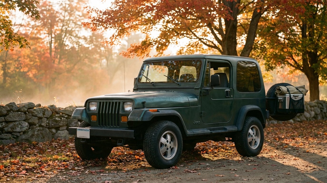 1995 Jeep Wrangler YJ in Hunter Green parked on a New England back-road pull-off in autumn, charcoal Hothead Headliner visible through the open driver door, mesh trail bag on the rear-mounted spare