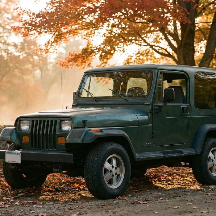 1995 Jeep Wrangler YJ in Hunter Green parked on a New England back-road pull-off in autumn, charcoal Hothead Headliner visible through the open driver door, mesh trail bag on the rear-mounted spare