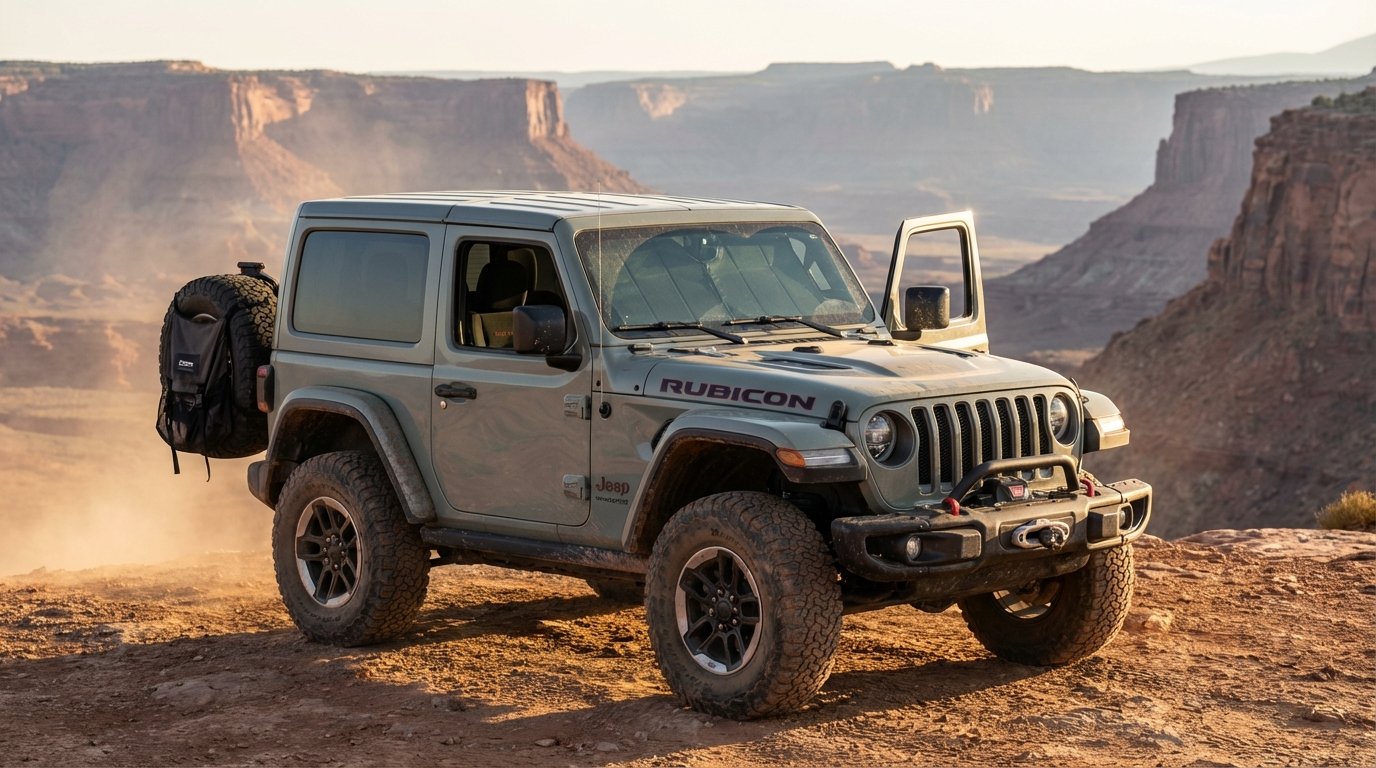 2019 Jeep Wrangler JL Rubicon on a red-rock desert trail at golden hour, trail bag on spare tire and Hothead headliner visible through the open door