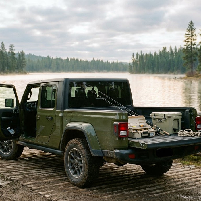 2020 Jeep Gladiator JT in Gator Green on a log-cabin lakeside boat ramp with tailgate down showing fishing gear (rods, tackle box, Yeti cooler), original 2020 front-end styling, charcoal Hothead Headliner visible through the open driver door
