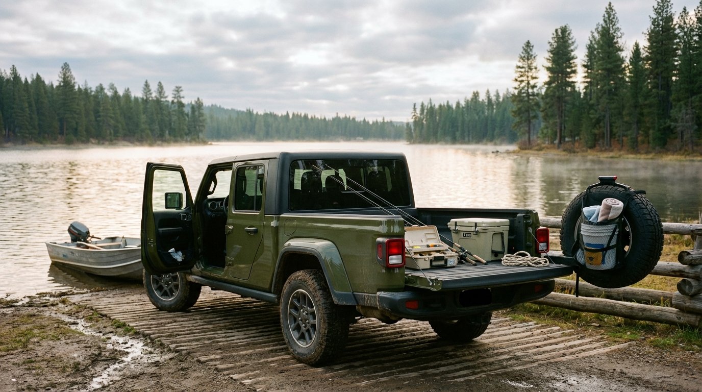 2020 Jeep Gladiator JT in Gator Green on a log-cabin lakeside boat ramp with tailgate down showing fishing gear (rods, tackle box, Yeti cooler), original 2020 front-end styling, charcoal Hothead Headliner visible through the open driver door
