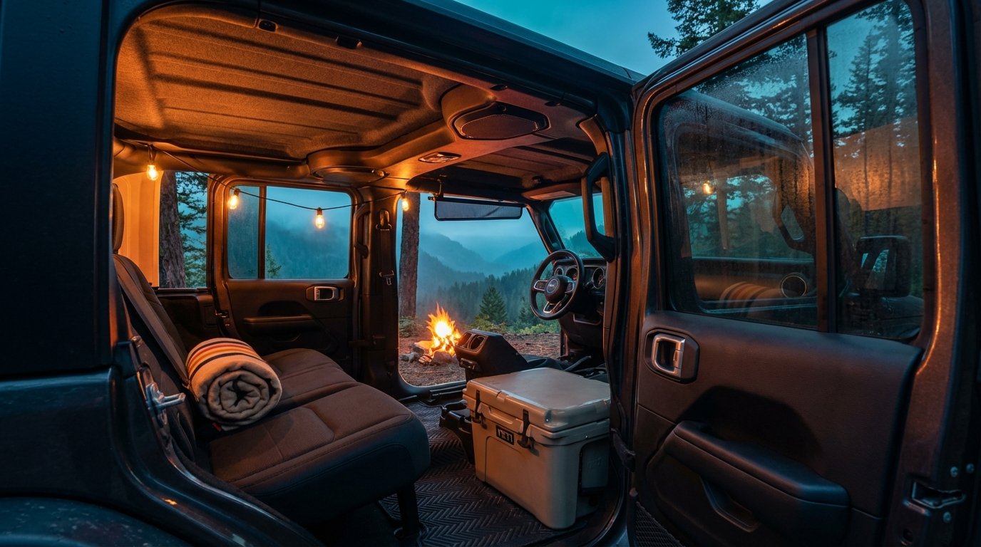 2020 Jeep Wrangler JL Unlimited interior at blue hour — premium Hothead charcoal headliner, Sound Assassin floor mat, campsite glow through the open rear door