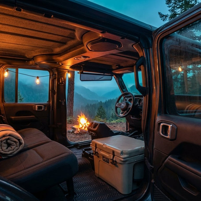2020 Jeep Wrangler JL Unlimited interior at blue hour — premium Hothead charcoal headliner, Sound Assassin floor mat, campsite glow through the open rear door
