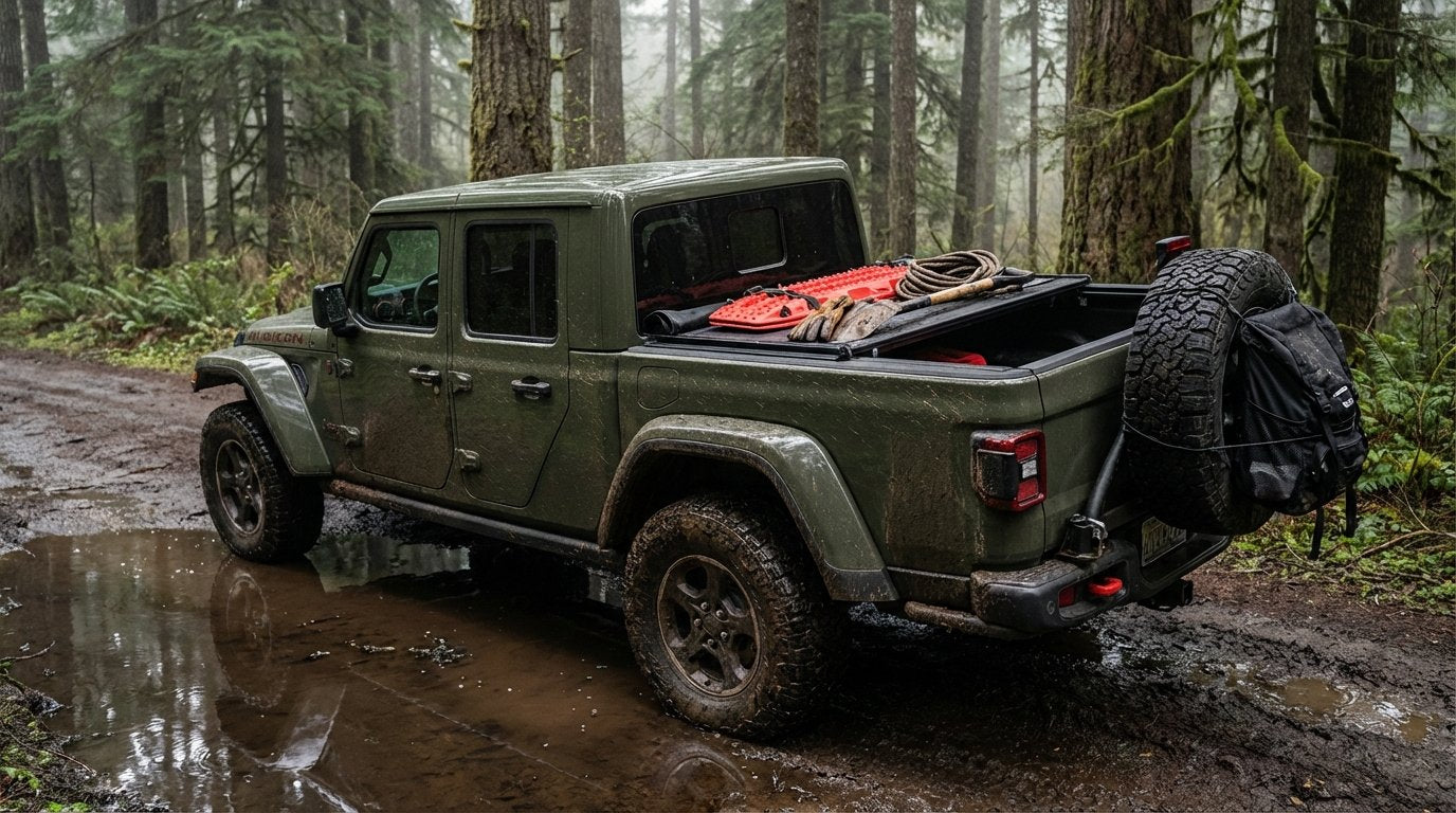 2022 Jeep Gladiator Rubicon in Sarge Green emerging from a PNW forest mud puddle, bed loaded with traction boards and recovery gear, trail-worn with Hothead Headliner visible through the rear cab window
