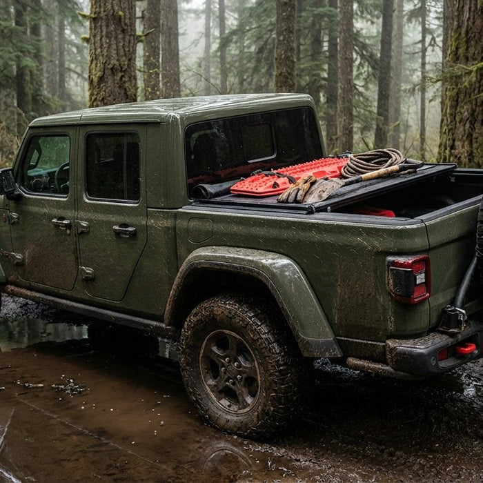 2022 Jeep Gladiator Rubicon in Sarge Green emerging from a PNW forest mud puddle, bed loaded with traction boards and recovery gear, trail-worn with Hothead Headliner visible through the rear cab window