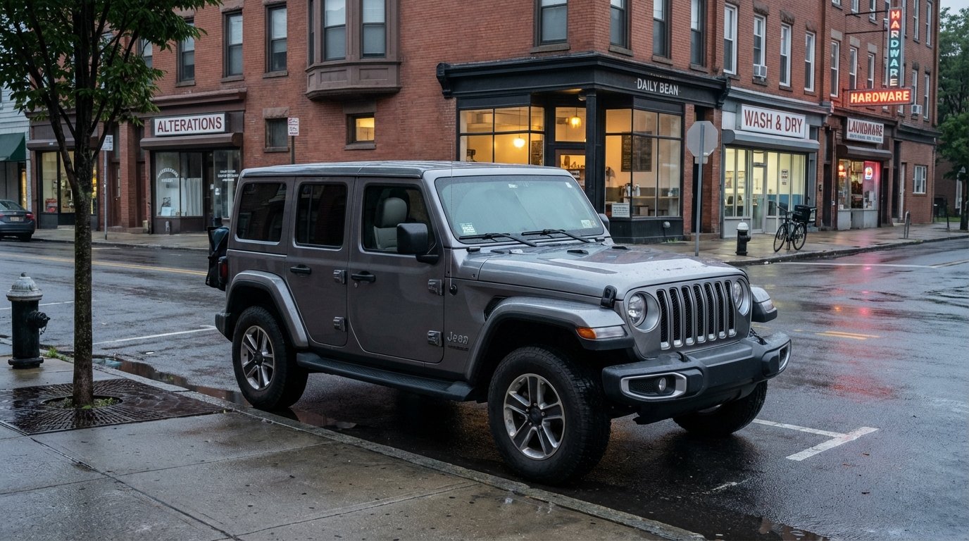 2022 Jeep Wrangler JL Unlimited as a daily driver — overcast pre-dawn on a brick-storefront city street, wet pavement, warm coffee-bar window light reflecting on the rear fender, Hothead Headliner visible through the windshield