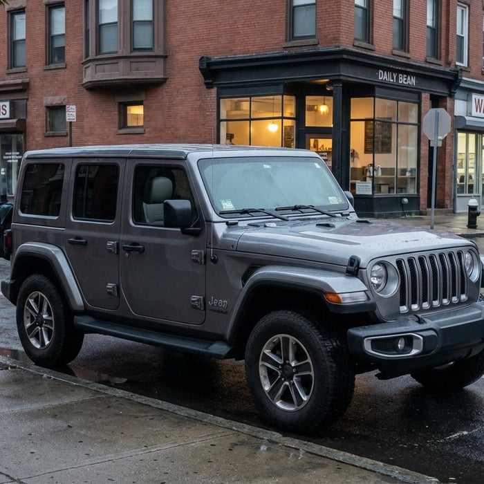 2022 Jeep Wrangler JL Unlimited as a daily driver — overcast pre-dawn on a brick-storefront city street, wet pavement, warm coffee-bar window light reflecting on the rear fender, Hothead Headliner visible through the windshield
