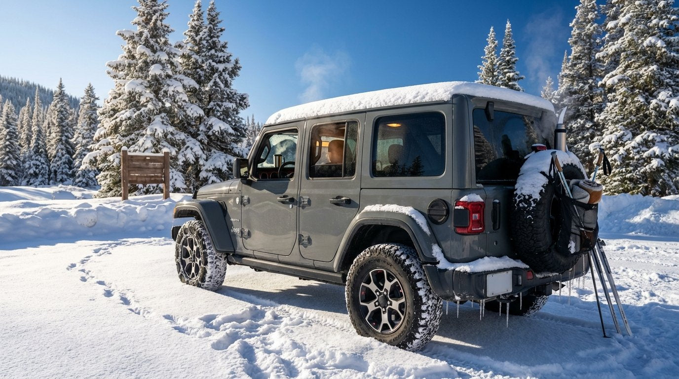 2023 Jeep Wrangler JL Unlimited at an alpine mountain-pass pull-off after a fresh snowfall, passenger window cracked to reveal a warm cabin and charcoal Hothead Headliner, cross-country skis leaning on the bumper, steaming thermos on the spare