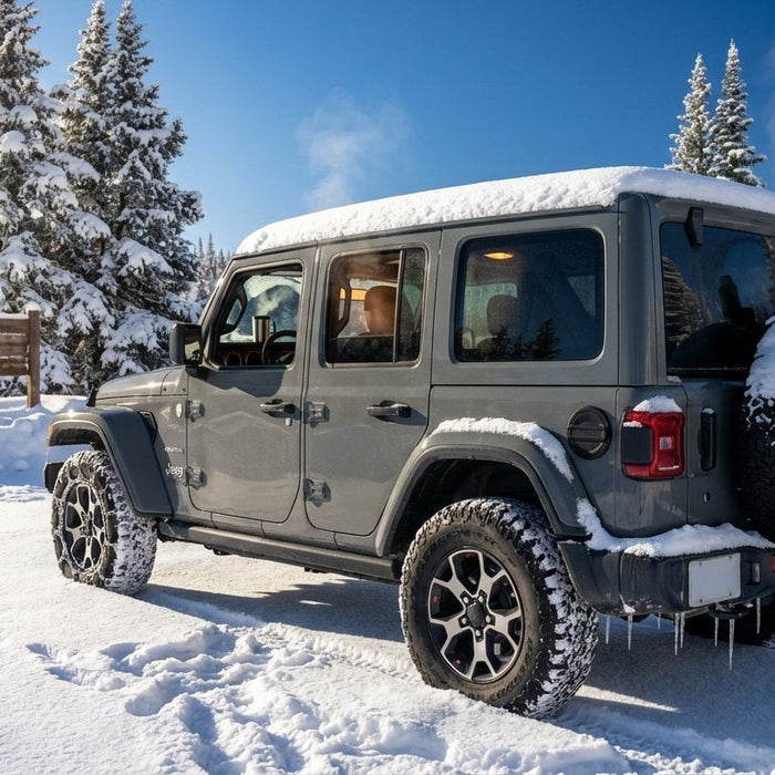 2023 Jeep Wrangler JL Unlimited at an alpine mountain-pass pull-off after a fresh snowfall, passenger window cracked to reveal a warm cabin and charcoal Hothead Headliner, cross-country skis leaning on the bumper, steaming thermos on the spare