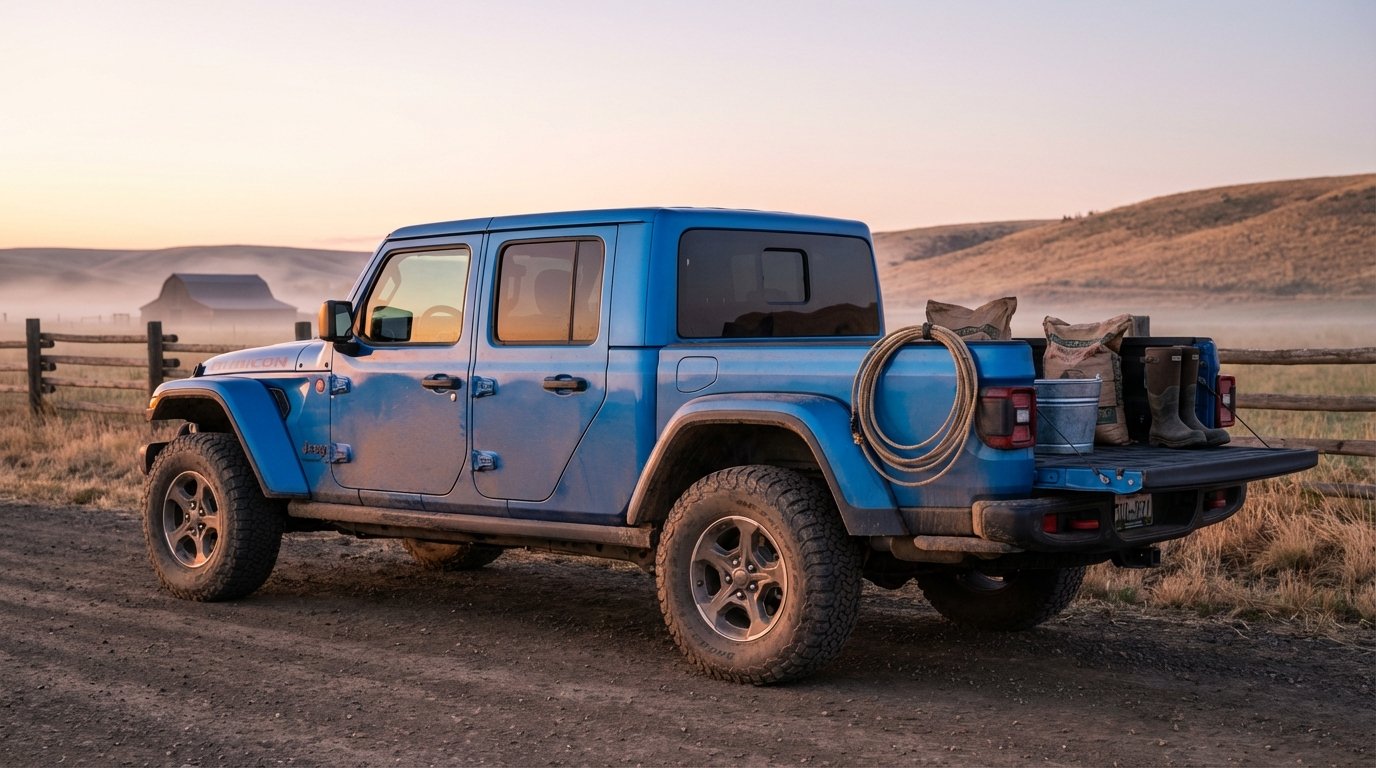 2024 Jeep Gladiator Rubicon in Hydro Blue Pearl on a working horse ranch at golden dawn, side-profile view with the pickup bed loaded with burlap feed sacks, lariat rope, feed bucket, and muck boots, split-rail fence and misty barn in the background