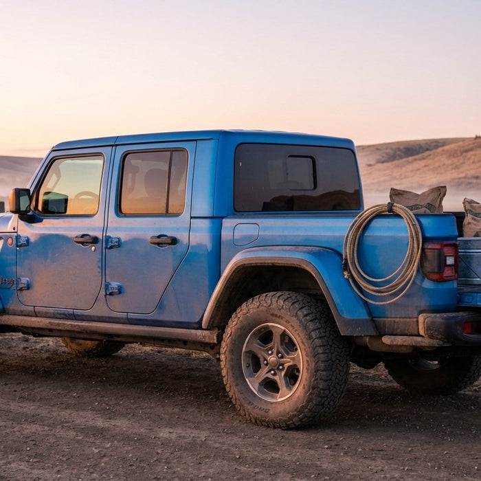 2024 Jeep Gladiator Rubicon in Hydro Blue Pearl on a working horse ranch at golden dawn, side-profile view with the pickup bed loaded with burlap feed sacks, lariat rope, feed bucket, and muck boots, split-rail fence and misty barn in the background