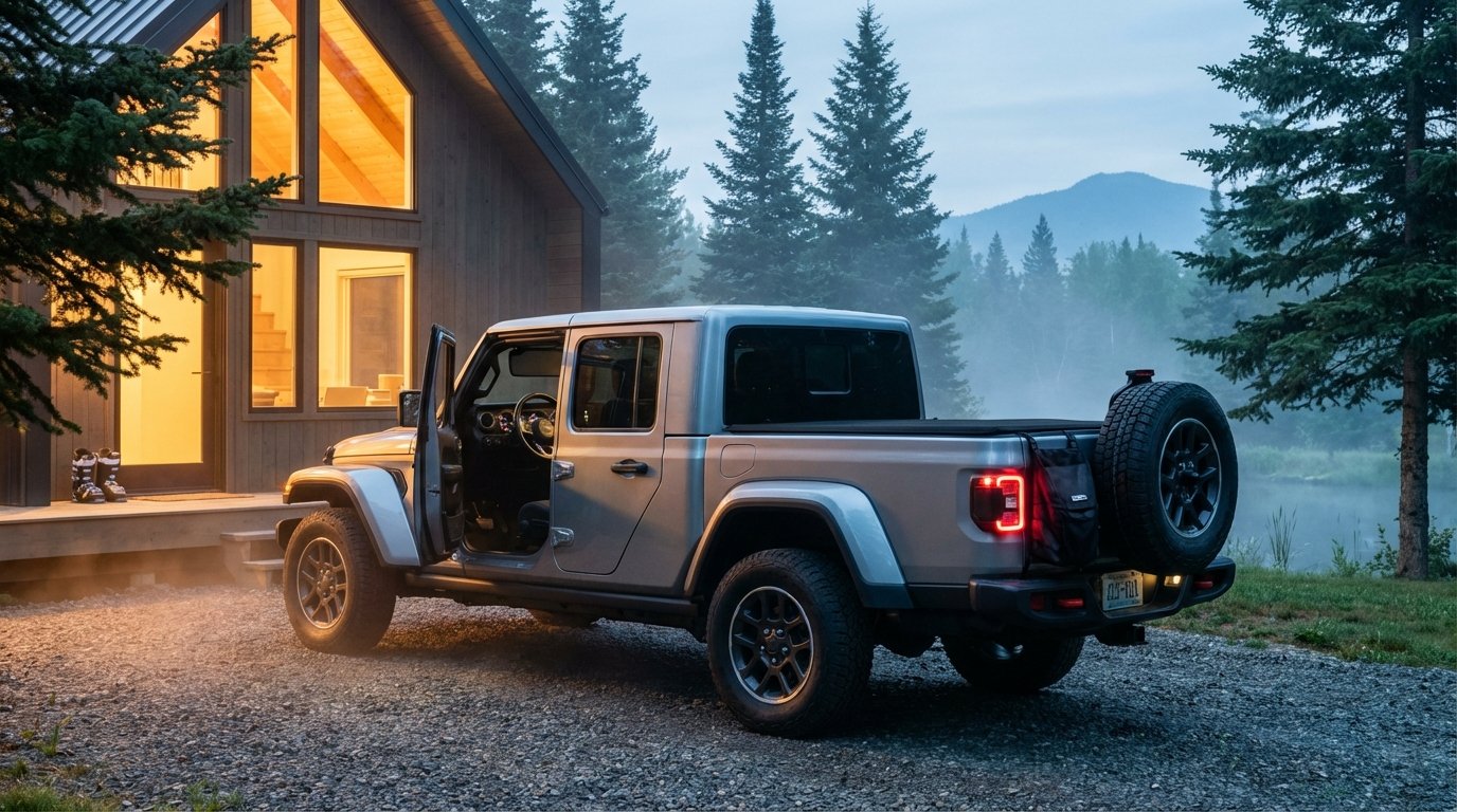 2025 Jeep Gladiator JT in Silver Zynith at dawn in front of a Scandinavian mountain cabin with warm window glow, updated 2024+ LED headlight signature, tidy mesh trail bag on the spare and charcoal Hothead Headliner visible through the open driver door