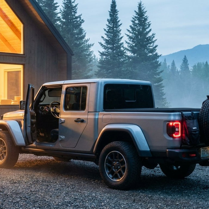 2025 Jeep Gladiator JT in Silver Zynith at dawn in front of a Scandinavian mountain cabin with warm window glow, updated 2024+ LED headlight signature, tidy mesh trail bag on the spare and charcoal Hothead Headliner visible through the open driver door