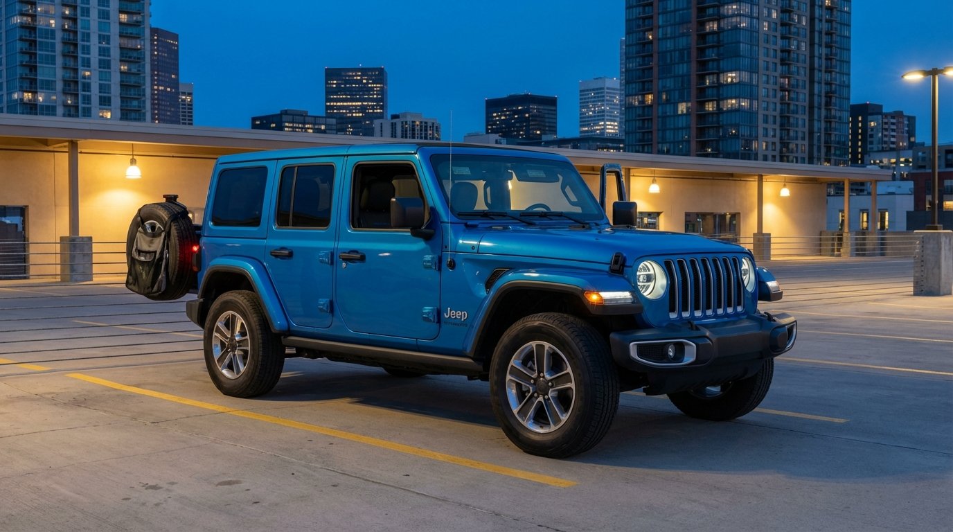 2025 Jeep Wrangler JL Unlimited in Hydro Blue Pearl at blue hour on a rooftop parking garage with city skyline, updated LED headlight signature, charcoal Hothead Headliner visible through the open passenger door