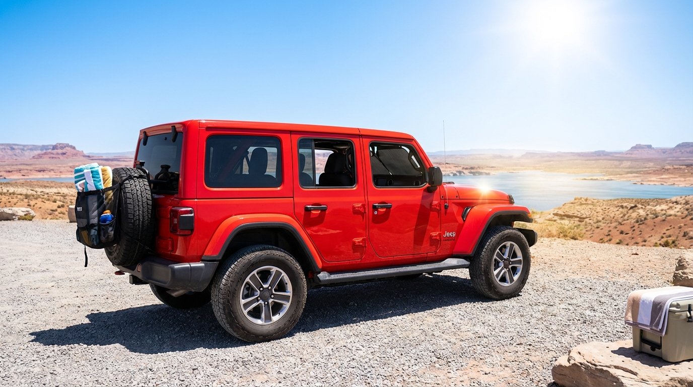 High-noon summer scene at a desert lake overlook — 4-door Jeep Wrangler JL with mesh sunshade deployed behind the windshield, loaded trail bag on spare tire, cooler and towel staged in the foreground