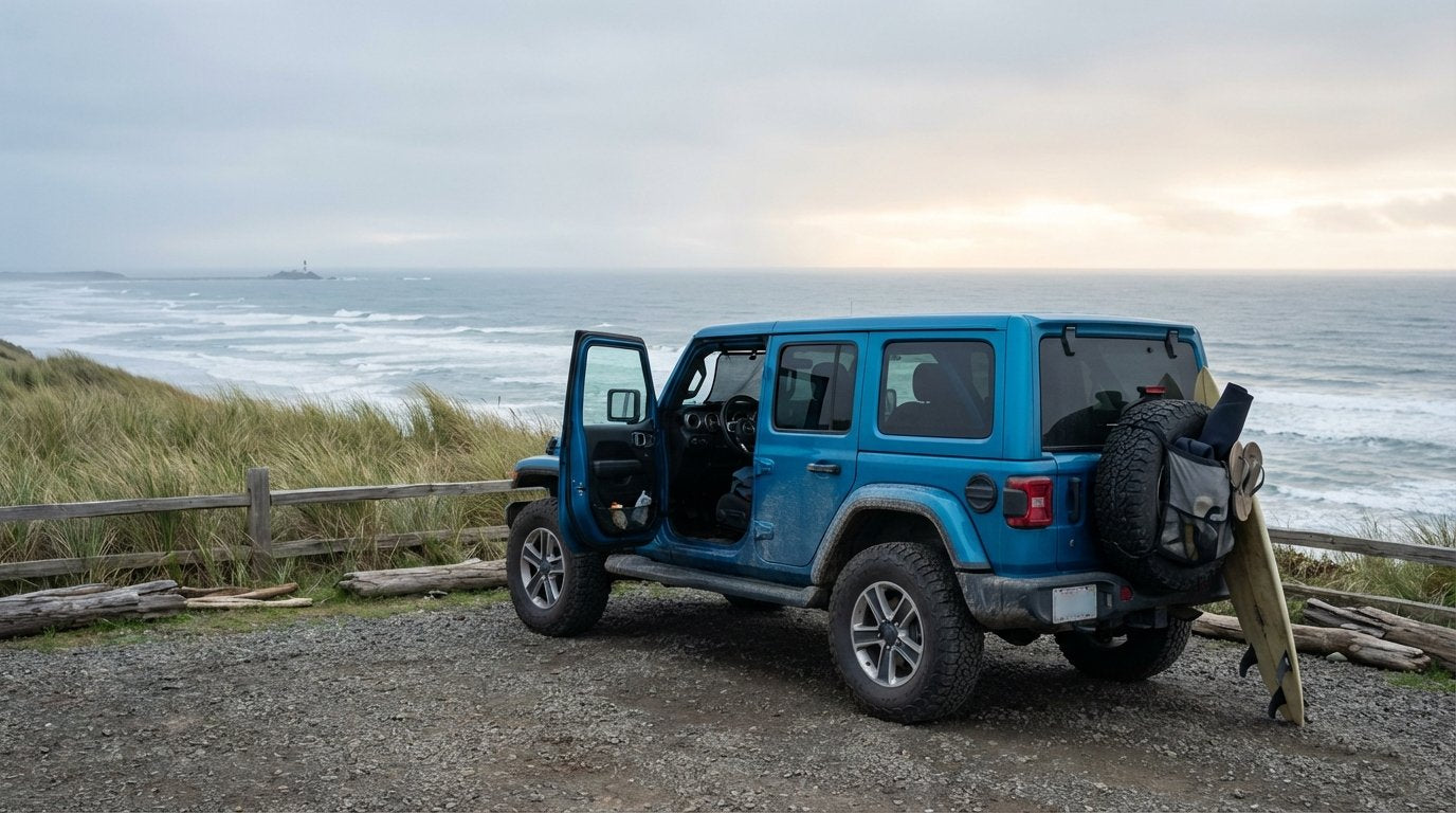 2020 Jeep Wrangler JL Unlimited in Ocean Blue Metallic at a coastal Oregon bluff rest-stop with driver door open showing charcoal Hothead Headliner, mesh trail bag loaded with a wetsuit and flip-flops on the spare, surfboard against the bumper