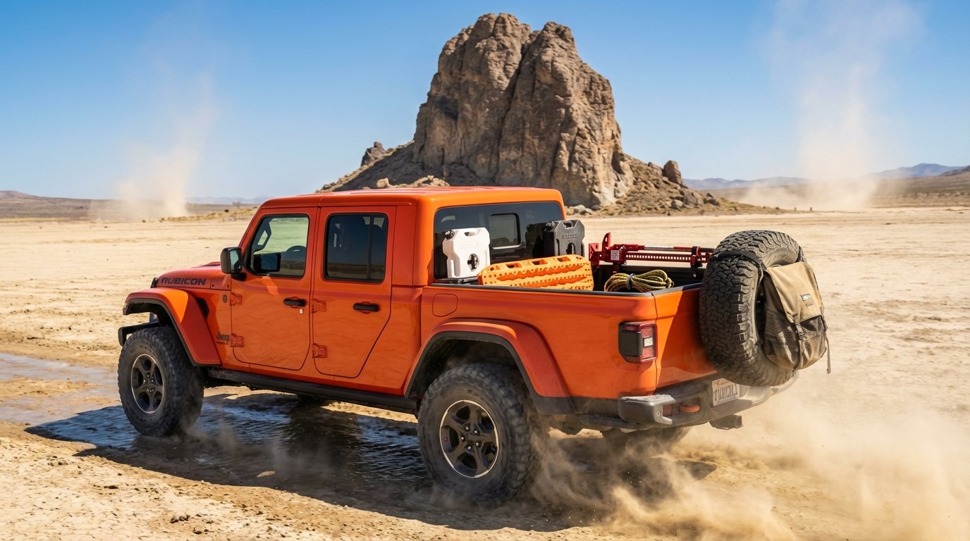 Jeep Gladiator Rubicon JT in Punk'n Orange mid-trail on a dusty dry lake bed, pickup bed loaded with traction boards, kinetic rope, Hi-Lift jack, and RotopaX fuel can — full expedition recovery kit