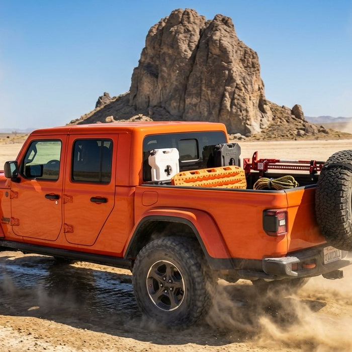 Jeep Gladiator Rubicon JT in Punk'n Orange mid-trail on a dusty dry lake bed, pickup bed loaded with traction boards, kinetic rope, Hi-Lift jack, and RotopaX fuel can — full expedition recovery kit
