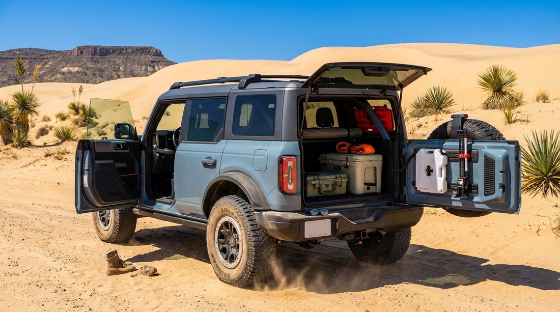 2024 Area 51 Ford Bronco Wildtrak 4-Door at a sand-dune playground at high noon with tailgate down and serious 4x4 recovery gear loaded — Hothead Headliner visible inside through the open driver door