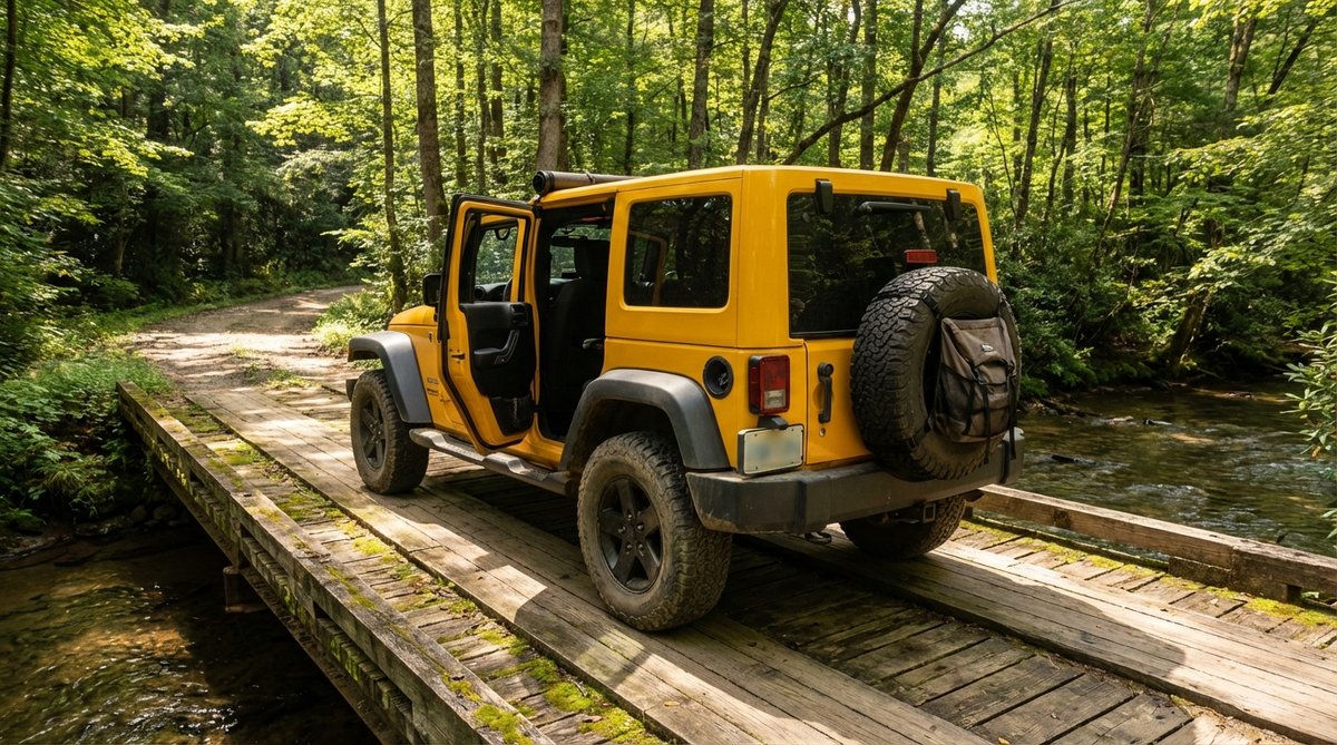 2010 Jeep Wrangler JK Unlimited on a wooden bridge crossing a clear mountain stream, round JK headlights and 7-slot grille, open rear passenger door revealing charcoal Hothead Headliner on the ceiling