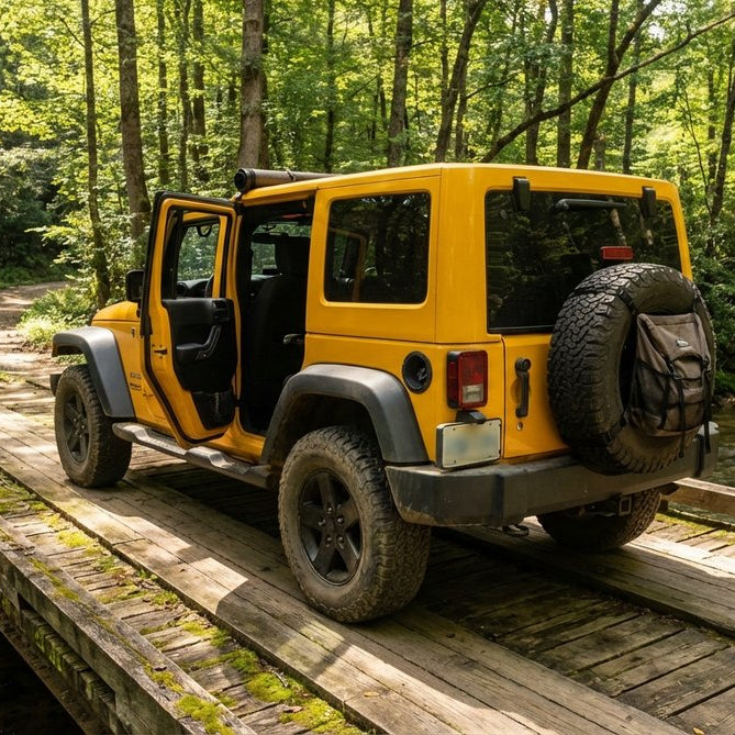2010 Jeep Wrangler JK Unlimited on a wooden bridge crossing a clear mountain stream, round JK headlights and 7-slot grille, open rear passenger door revealing charcoal Hothead Headliner on the ceiling