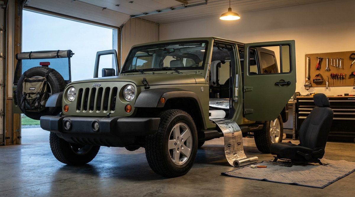 2012 Jeep Wrangler JK Unlimited in olive green inside an enthusiast workshop with all four doors open mid-install — Sound Assassin material rolled out in the rear and charcoal Hothead Headliner installed on the JK hard-top ceiling