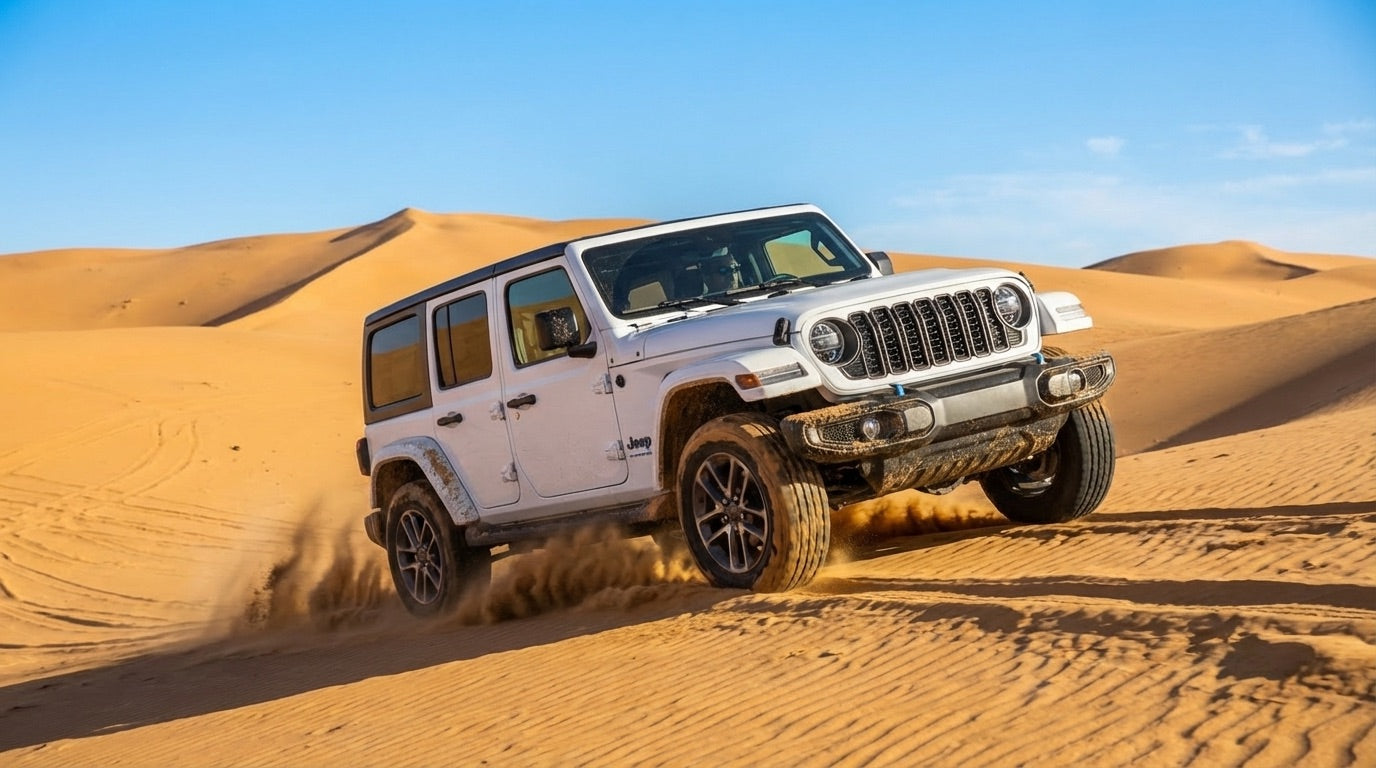 White 2024 Jeep Wrangler driving through sand dunes