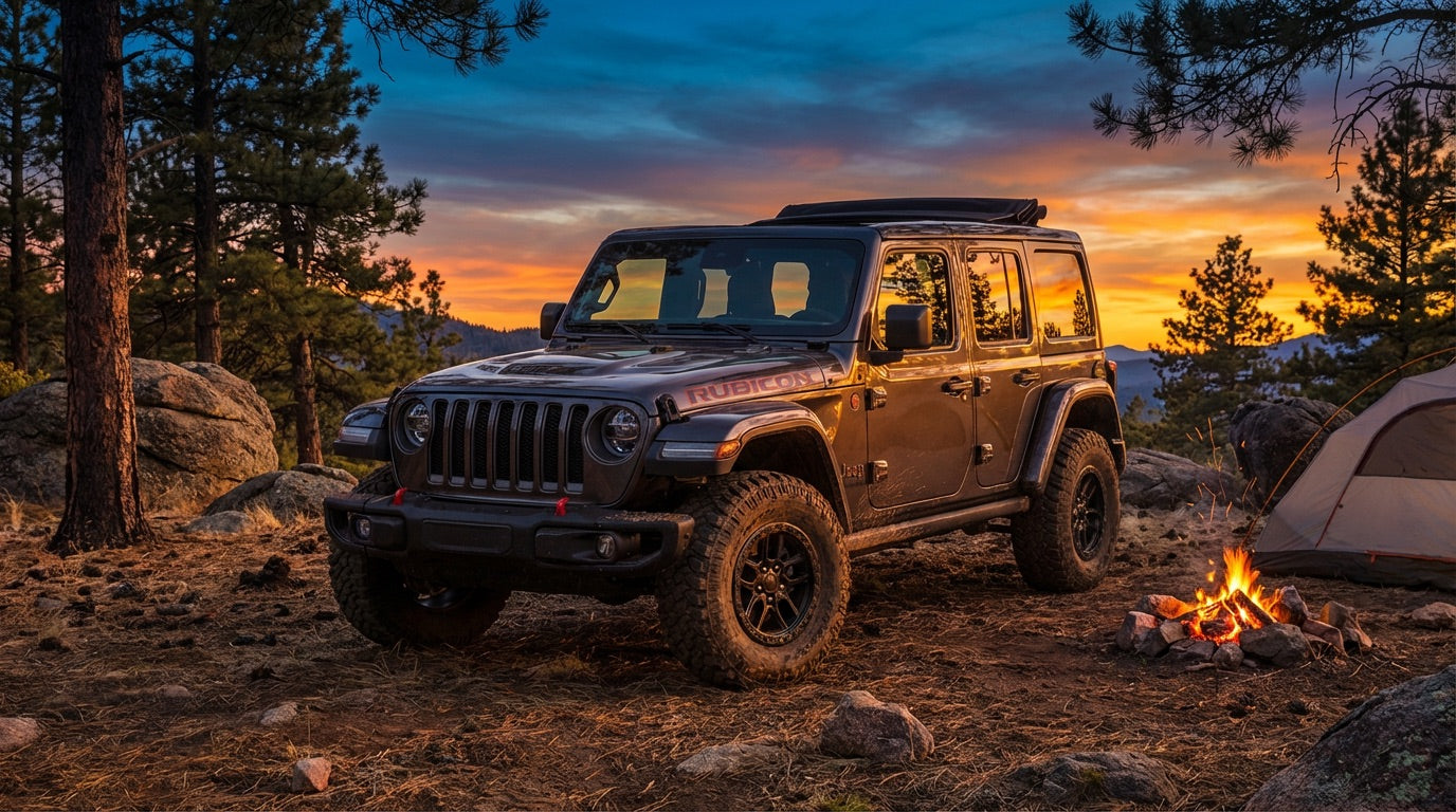 Jeep Wrangler Rubicon at campsite with campfire at sunset