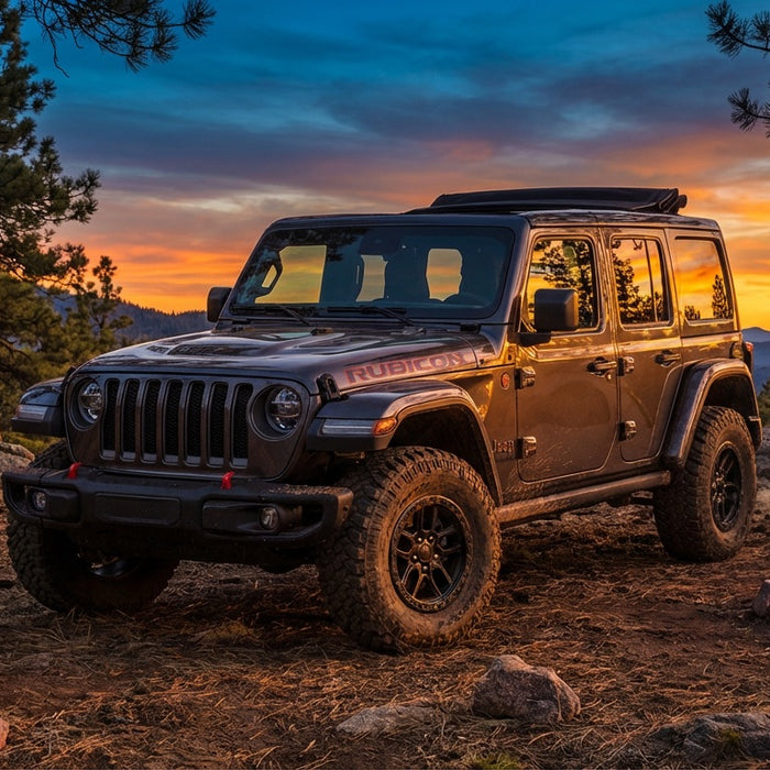 Jeep Wrangler Rubicon at campsite with campfire at sunset