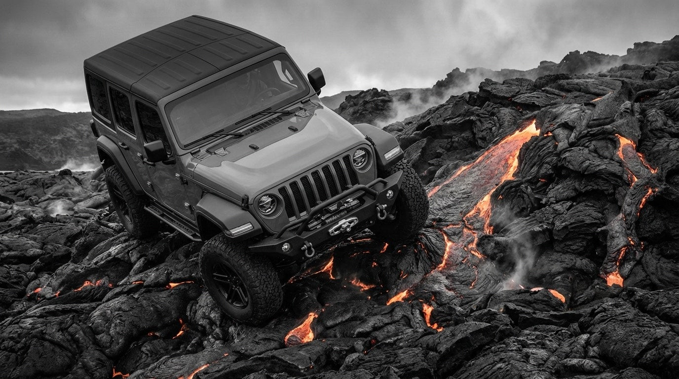 Jeep Wrangler JL on volcanic lava rocks - Must Have Jeep JL Accessories for 2026