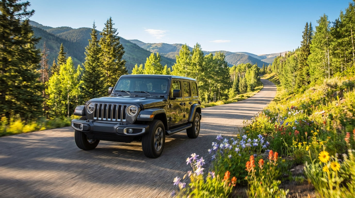 Jeep Wrangler JL driving through mountain road with wildflowers