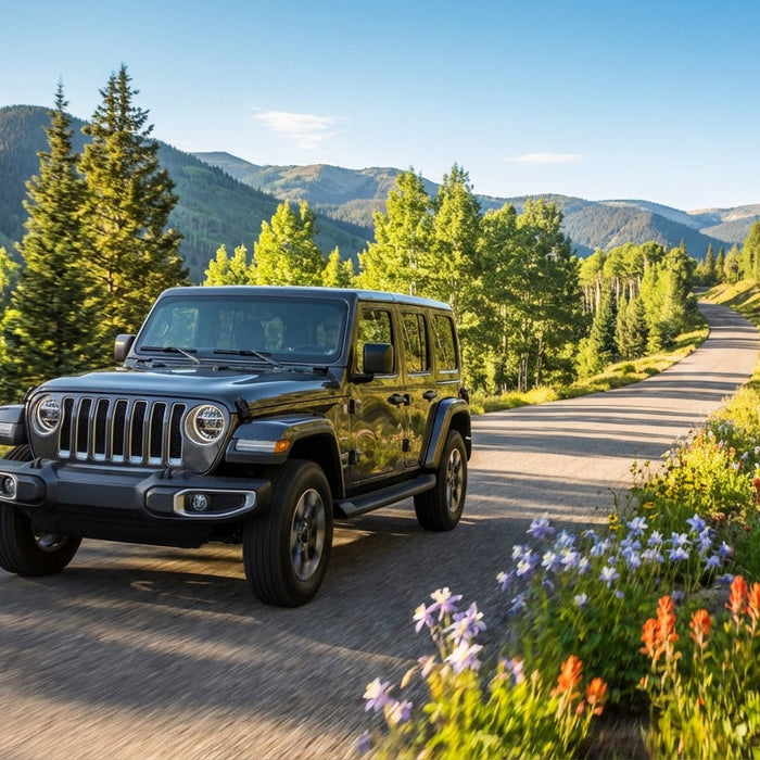 Jeep Wrangler JL driving through mountain road with wildflowers