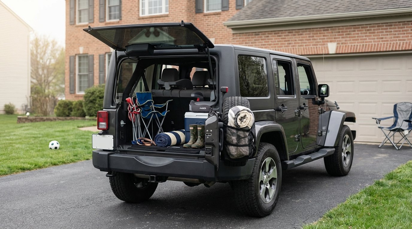 2015 Jeep Wrangler JK Unlimited in Granite Crystal Metallic parked in a suburban family driveway on a Saturday morning, open rear hatch with cooler and kids' gear, charcoal Hothead Headliner visible on the cargo ceiling, booster seats inside