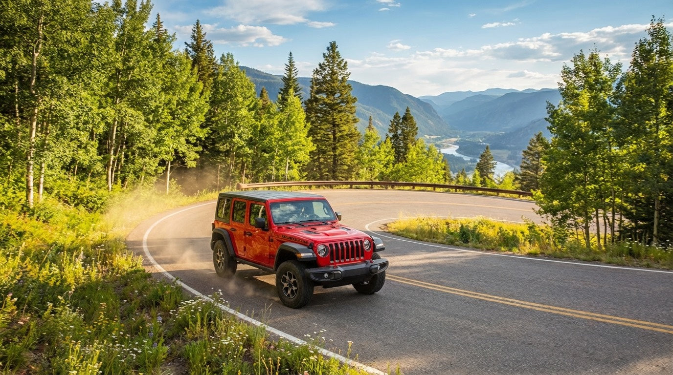 Red Jeep Wrangler JK on mountain road - JK Wrangler Accessories 2007-2018