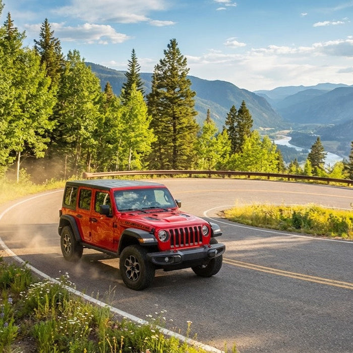 Red Jeep Wrangler JK on mountain road - JK Wrangler Accessories 2007-2018