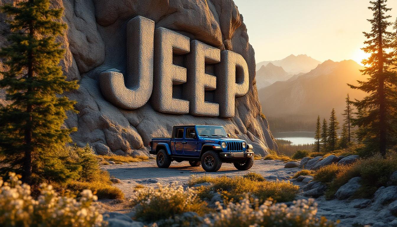 2021 Jeep Gladiator accessories - blue Gladiator JT with JEEP rock letters at sunset