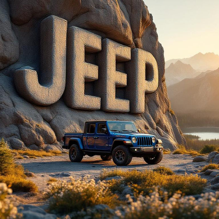 2021 Jeep Gladiator accessories - blue Gladiator JT with JEEP rock letters at sunset