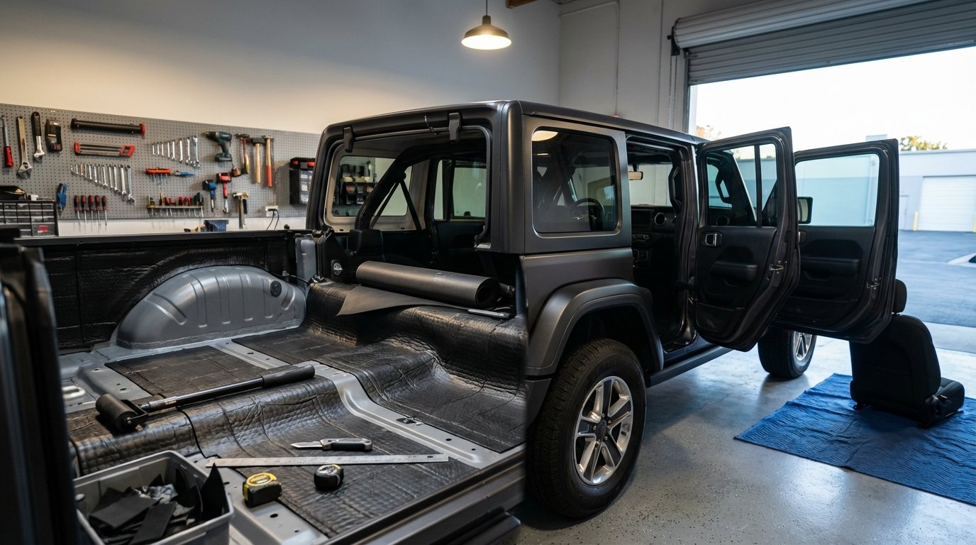 Jeep Wrangler JL Unlimited mid-install with Sound Assassin sound-deadening mat covering the rear floor — garage shot showing install roller, utility knife, and the contrast between bare metal floor and installed deadener