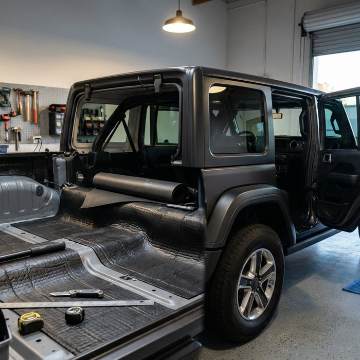 Jeep Wrangler JL Unlimited mid-install with Sound Assassin sound-deadening mat covering the rear floor — garage shot showing install roller, utility knife, and the contrast between bare metal floor and installed deadener