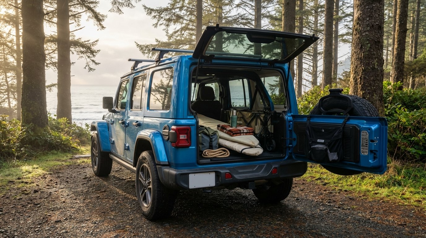4-door Jeep Wrangler JL Unlimited at a Pacific coastal trailhead, swing-out tailgate open with adventure gear loaded, charcoal Hothead Headliner visible through the rear hatch, empty mesh trail bag on the spare tire