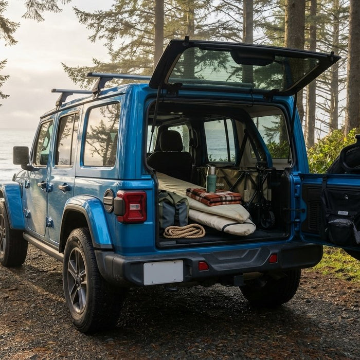 4-door Jeep Wrangler JL Unlimited at a Pacific coastal trailhead, swing-out tailgate open with adventure gear loaded, charcoal Hothead Headliner visible through the rear hatch, empty mesh trail bag on the spare tire