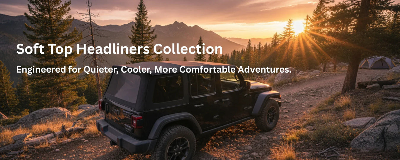 Jeep Wrangler soft top parked on a mountain trail at sunset showing the ideal use case for Hothead Soft Top Headliners