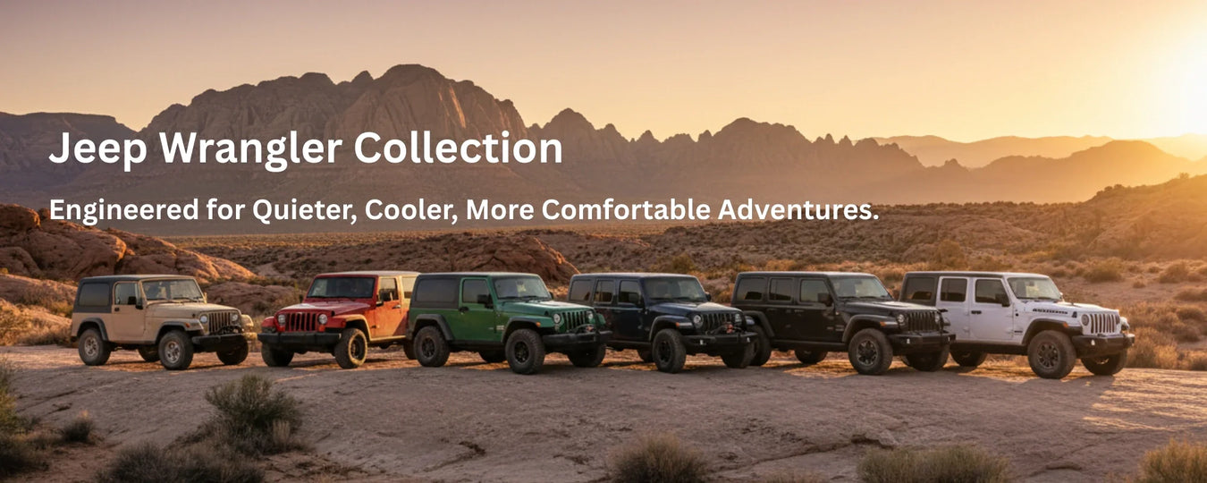 Lineup of Jeep Wrangler generations including CJ7, YJ, TJ, LJ, JK, and JL in a desert landscape at sunset.