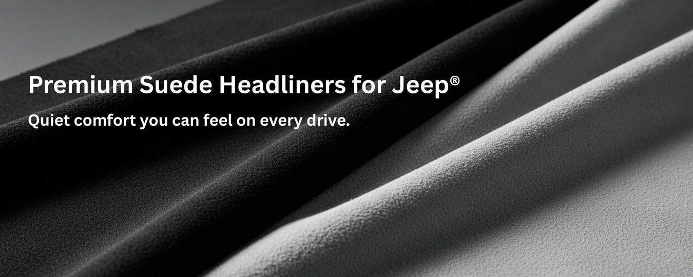 Close-up of premium suede headliner material designed for Jeep Wrangler and Gladiator