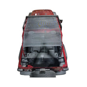 Red 2-door Jeep Wrangler JL with a black mesh Hothead Sunshade installed, viewed from above.
