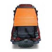 Orange mesh Hothead Sunshade installed on a red 2-door Jeep Wrangler JL.
