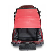 Red mesh Hothead Sunshade installed on a 2-door Jeep Wrangler JL, viewed from above.