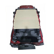 Tan mesh Hothead Sunshade installed on a red 2-door Jeep Wrangler JL.