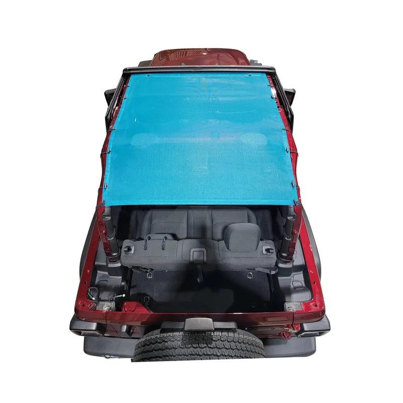 Red 2-door Jeep Wrangler JL with a bright blue mesh Hothead Sunshade installed, viewed from above.