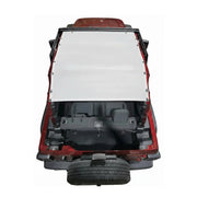 White mesh Hothead Sunshade installed on a red 2-door Jeep Wrangler JL, top-down view.